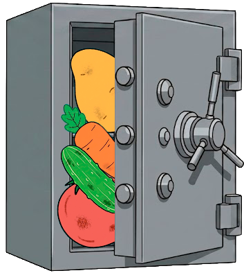A partially open metal safe containing vegetables: a potato, a carrot, a cucumber, and a tomato.